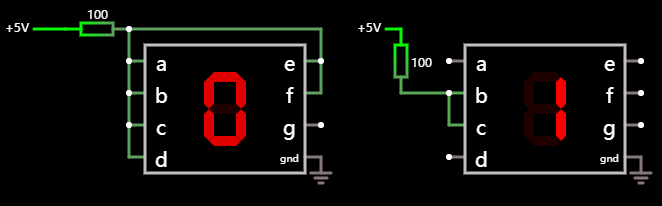 7 段 LED 显示器共阴极模式显示 0 和 1