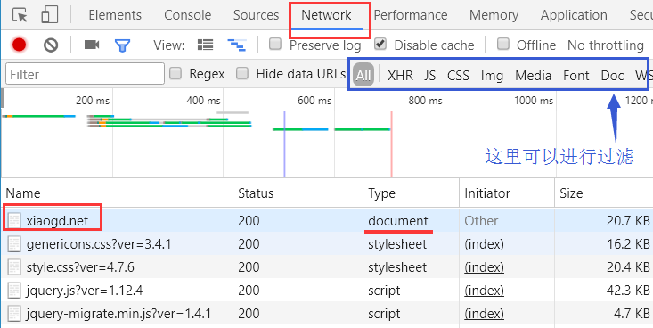 开发者工具 Network 选项卡