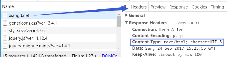 开发者工具 Headers--Response Headers--Content-Type--charset