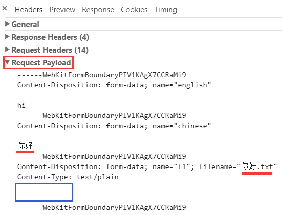 Request Payload form post enctype multipart/form-data type file 中文字段 中文文件名 中文内容