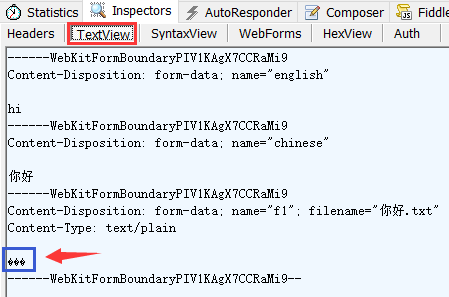 Fiddler Inspectors TextView form post enctype multipart/form-data type file 中文字段 中文文件名 中文内容