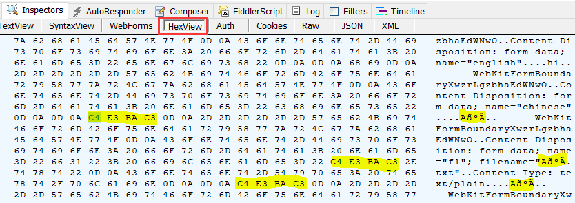 Fiddler form post multipart 中文 accept-charset HexView